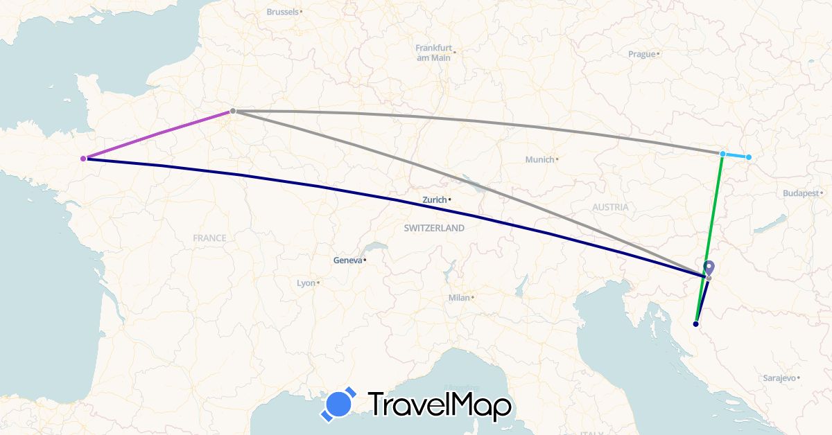 TravelMap itinerary: driving, bus, plane, train, boat in Austria, France, Croatia, Slovakia (Europe)
